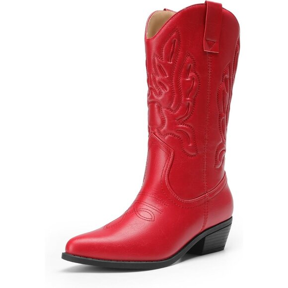 Women's Red Mid Calf Western Embroidery Stitched Faux Leather Cowgirl Boots - Picture 1 of 8